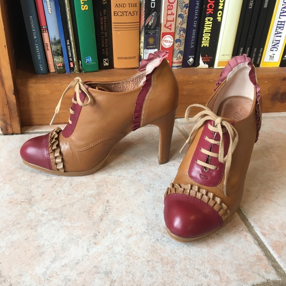 Miss Albright Tan and Burgundy Leather Lace-Up Heels